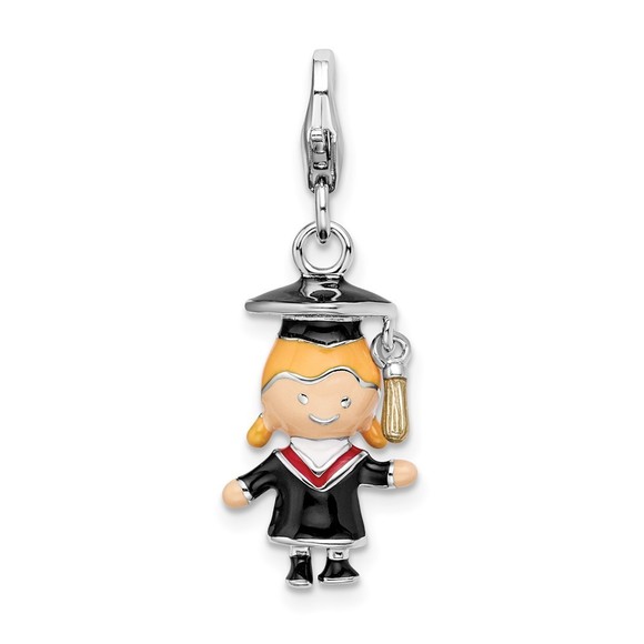 925 Sterling Silver 3-D Enameled Girl Graduate Bracelet Charm Lobster Clasp - Picture 1 of 5